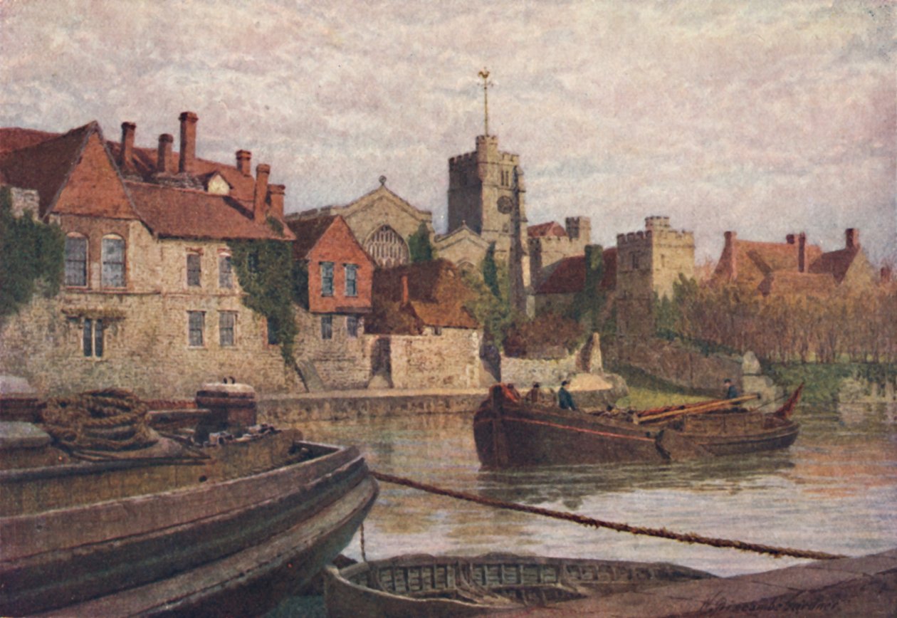 Maidstone। प्राचीन महल के पीछे, चर्च और ओल्ड कॉलेज मेडवे के पार से, c1900 द्वारा विलियम बिस्कोम्ब गार्डनर