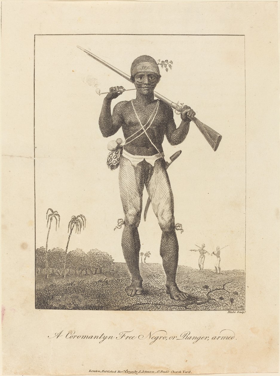 एक कोरोमैंटिन फ्री नीग्रो, या रेंजर, सशस्त्र, 1793। द्वारा विलियम ब्लेक