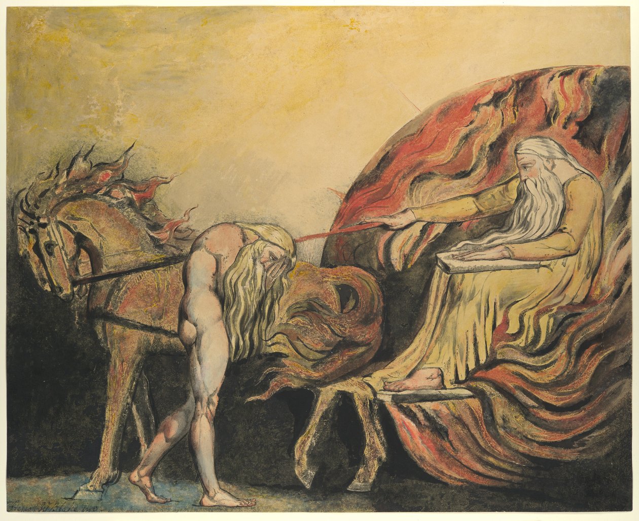 ईश्वर न्याय आदम, c.1795 (कलम, स्याही और जल रंग के साथ रंगीन नक़्क़ाशी) द्वारा विलियम ब्लेक