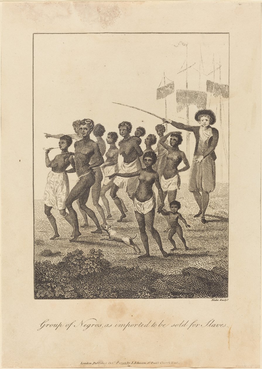 काले लोगों का समूह, जैसा कि गुलामों के लिए बेचा जाने के लिए आयात किया जाता है, 1793। द्वारा विलियम ब्लेक