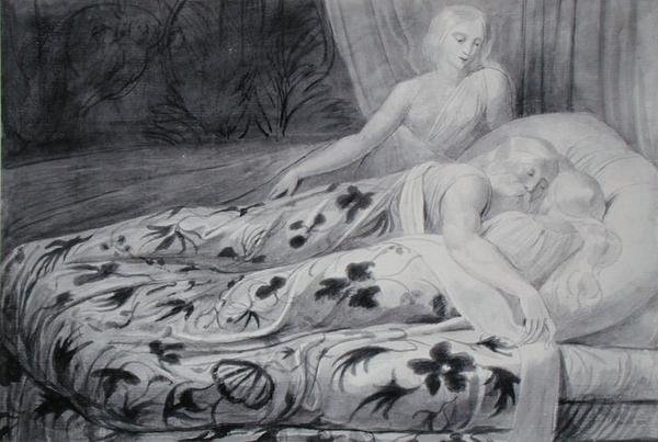 हर और हेवा मनेथा गार्डिंग देम के साथ सो गए, 'टिरियल' से चित्रण, c.1788 (कागज पर काले चाक के निशान पर पेन और ग्रे वॉश) द्वारा विलियम ब्लेक