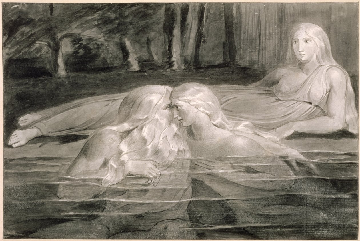 हर और हेवा स्नान, Mnetha लुकिंग ऑन, c.1785-89 (कागज पर ब्रश, स्याही और धो) द्वारा विलियम ब्लेक