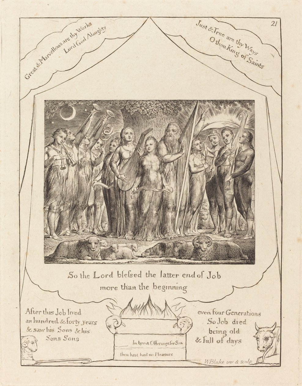 अय्यूब और उसकी पत्नी ने समृद्धि को बहाल किया, 1825। द्वारा विलियम ब्लेक
