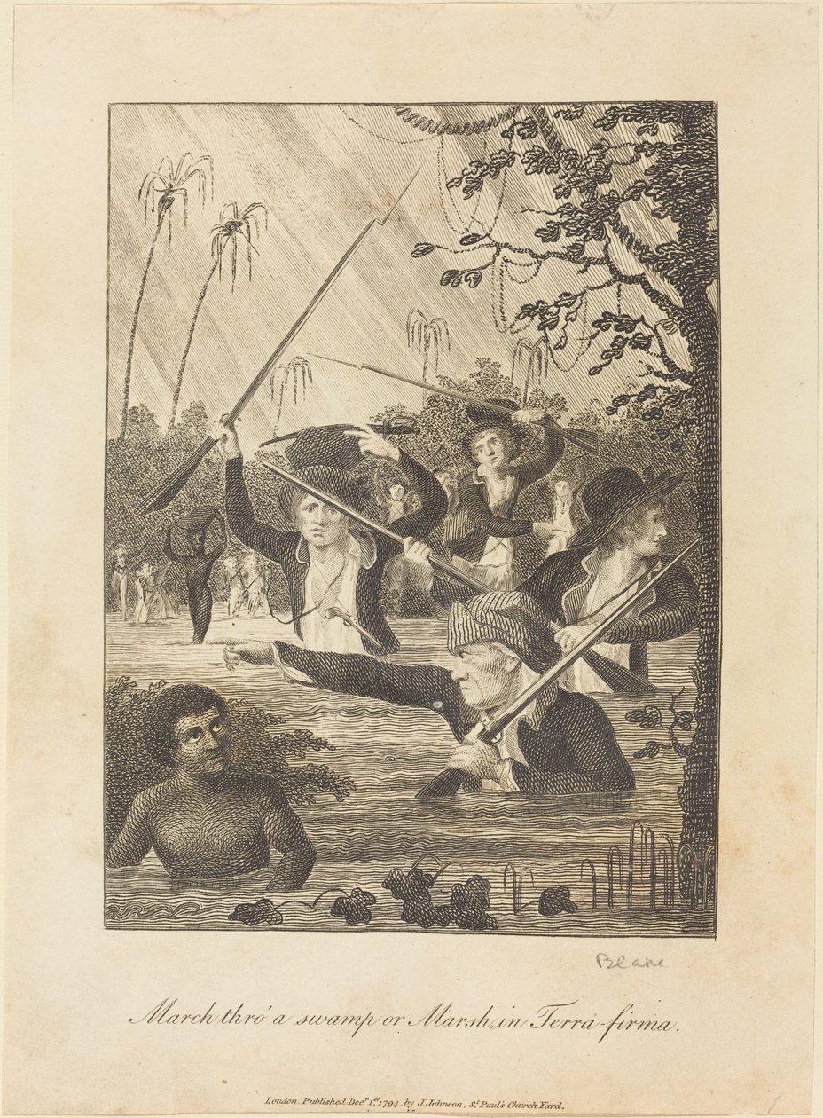मार्च थ्रो 'एक दलदल या मार्श टेरा-फिरमा, 1793 में। द्वारा विलियम ब्लेक