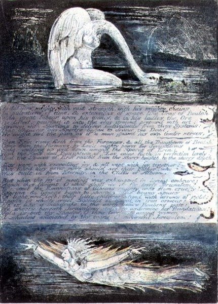 प्लेट II, जेरूसलम, c.1804-20। एल्बियन की बेटियों का प्रतिनिधित्व हंस और मछली जैसे जीवों द्वारा किया जाता है द्वारा विलियम ब्लेक