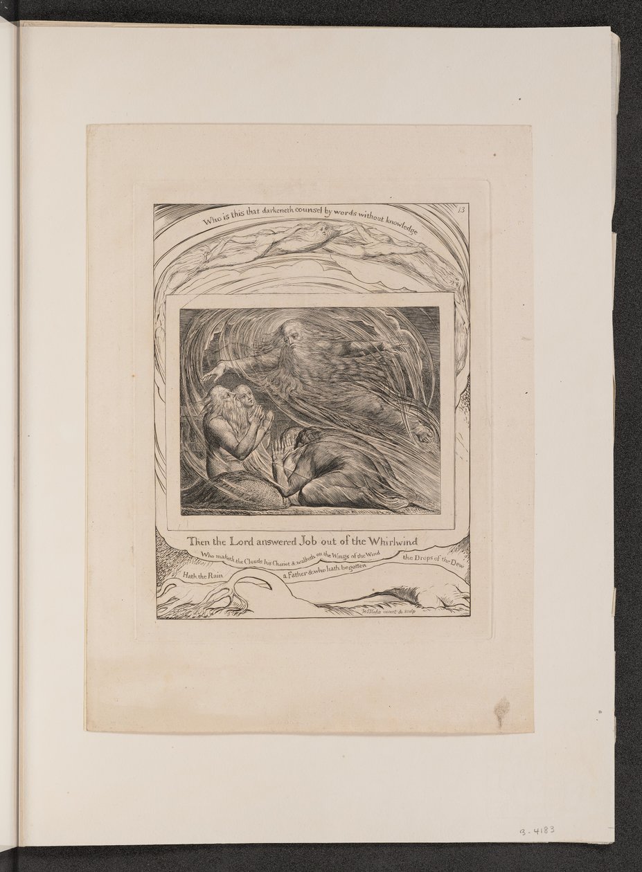 द लॉर्ड आंसरिंग अय्यूब आउट ऑफ द बवंडर, 1825। द्वारा विलियम ब्लेक