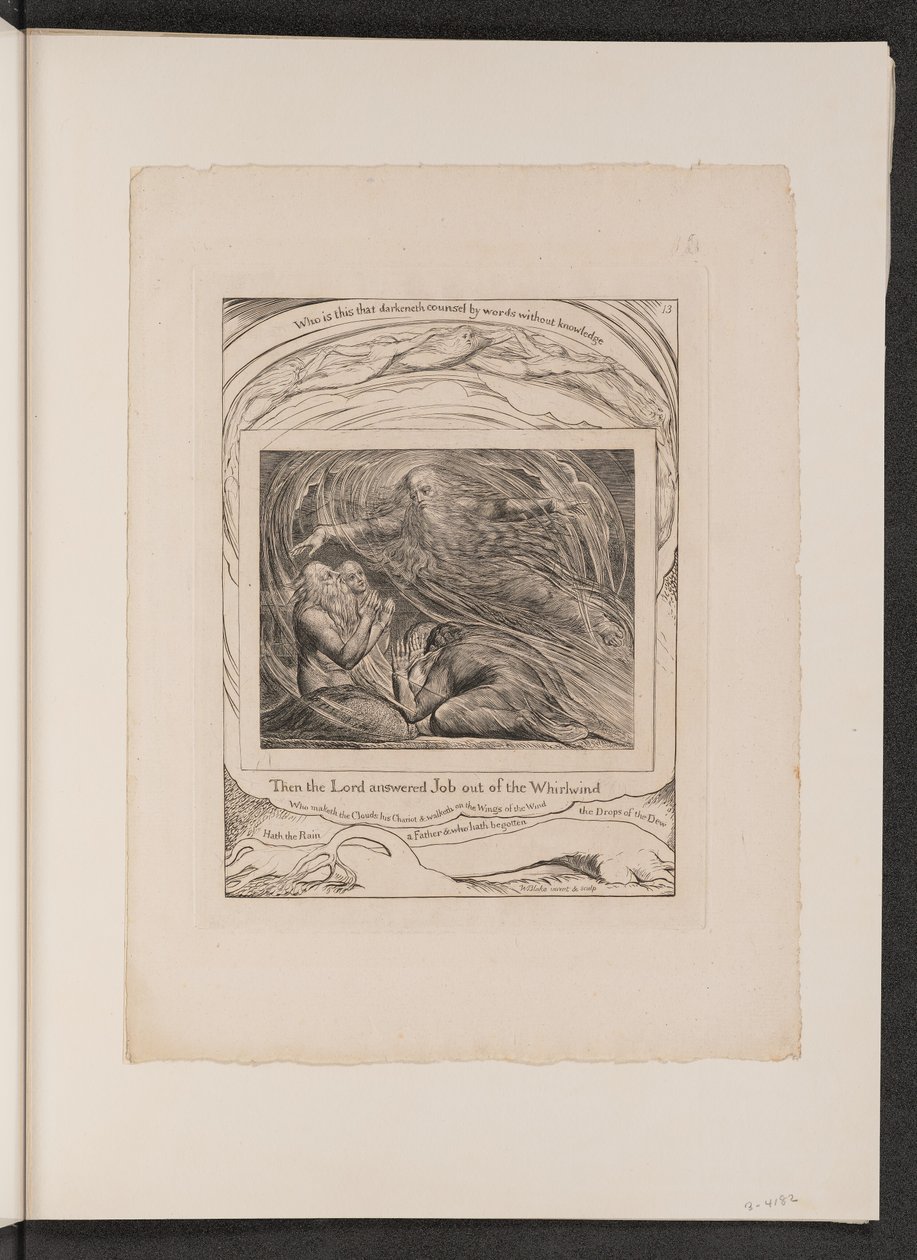 द लॉर्ड आंसरिंग अय्यूब आउट ऑफ द बवंडर, 1825। द्वारा विलियम ब्लेक