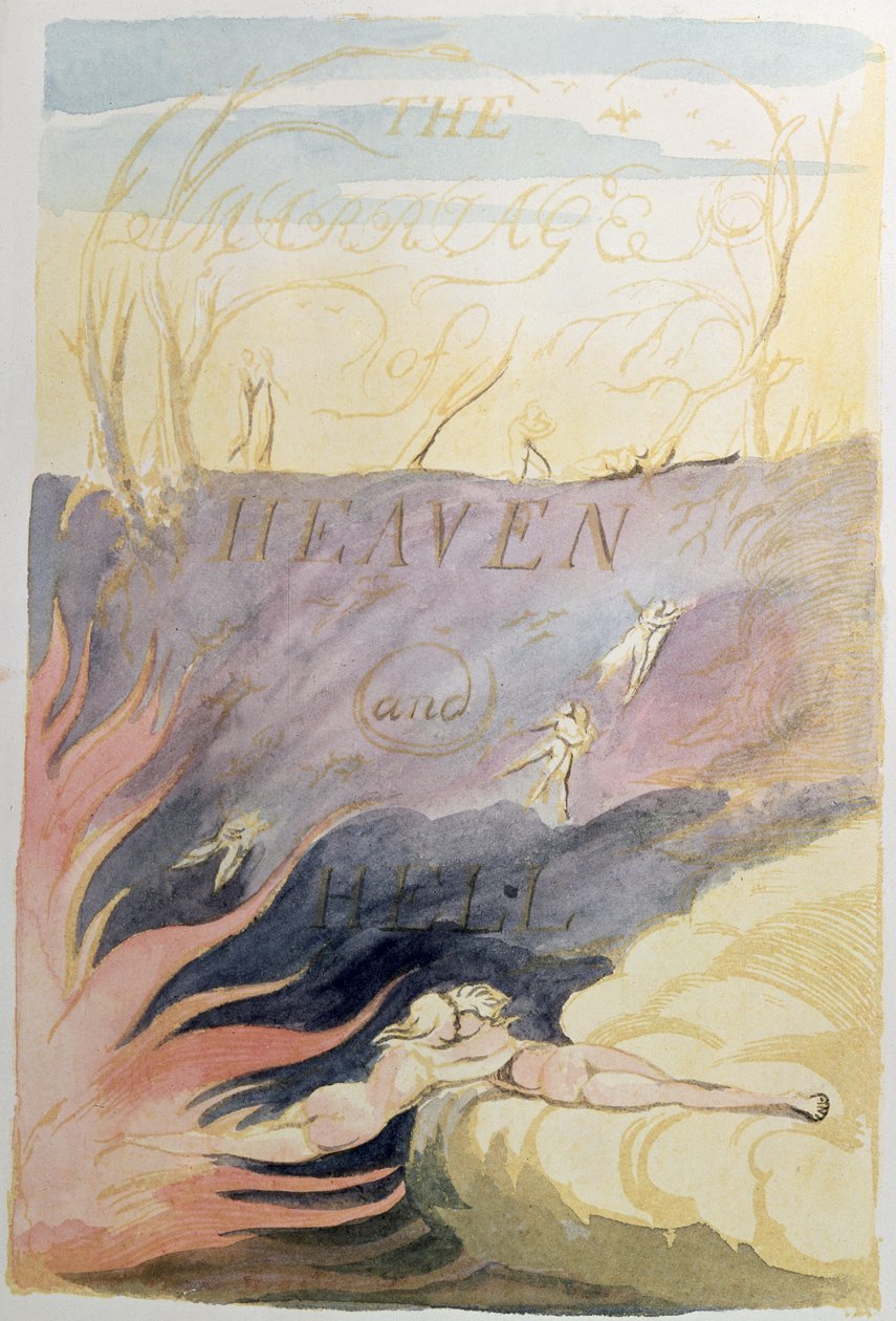 स्वर्ग और नर्क की शादी; शीर्षक-पृष्ठ, 1790-93 (राहत नक़्क़ाशी के साथ रंगा हुआ) द्वारा विलियम ब्लेक