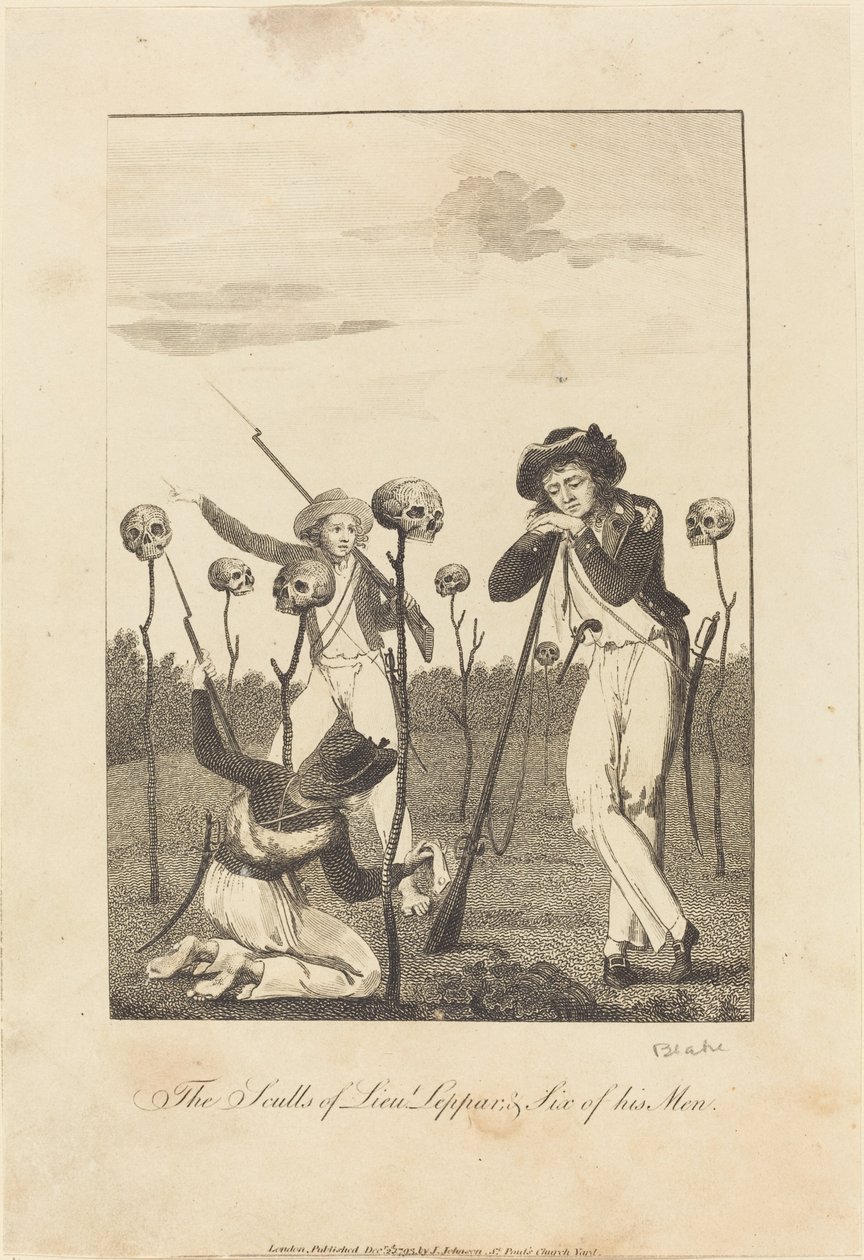 द स्कल्स ऑफ़ लेफ्ट लेपर, एंड सिक्स ऑफ़ हिज़ मेन, 1793। द्वारा विलियम ब्लेक