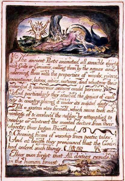 "प्राचीन कवि...", 'द मैरिज ऑफ हेवन एंड हेल' से चित्रण और पाठ, c.1790-3 (कलम और पानी के रंग में समाप्त राहत नक़्क़ाशी) द्वारा विलियम ब्लेक