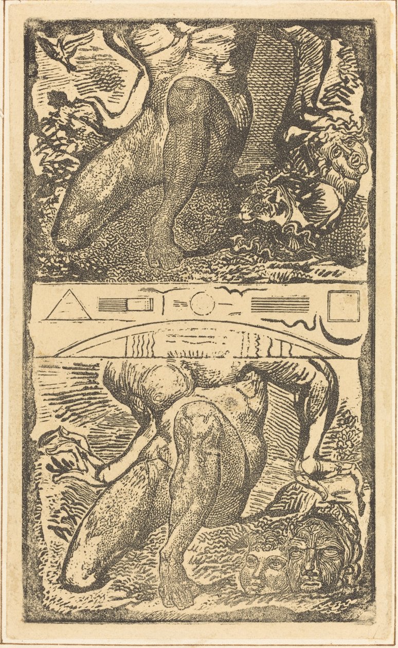 अज्ञात विषय उसे स्वर्ग की ओर देखने दें और तेज हवा में हंसें, संभवत: c. 1805. द्वारा विलियम ब्लेक