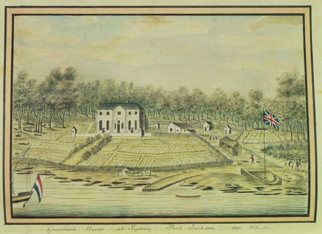 सिडनी, पोर्ट जैक्सन, 1791 में गवर्नर हाउस द्वारा विलियम ब्राडली