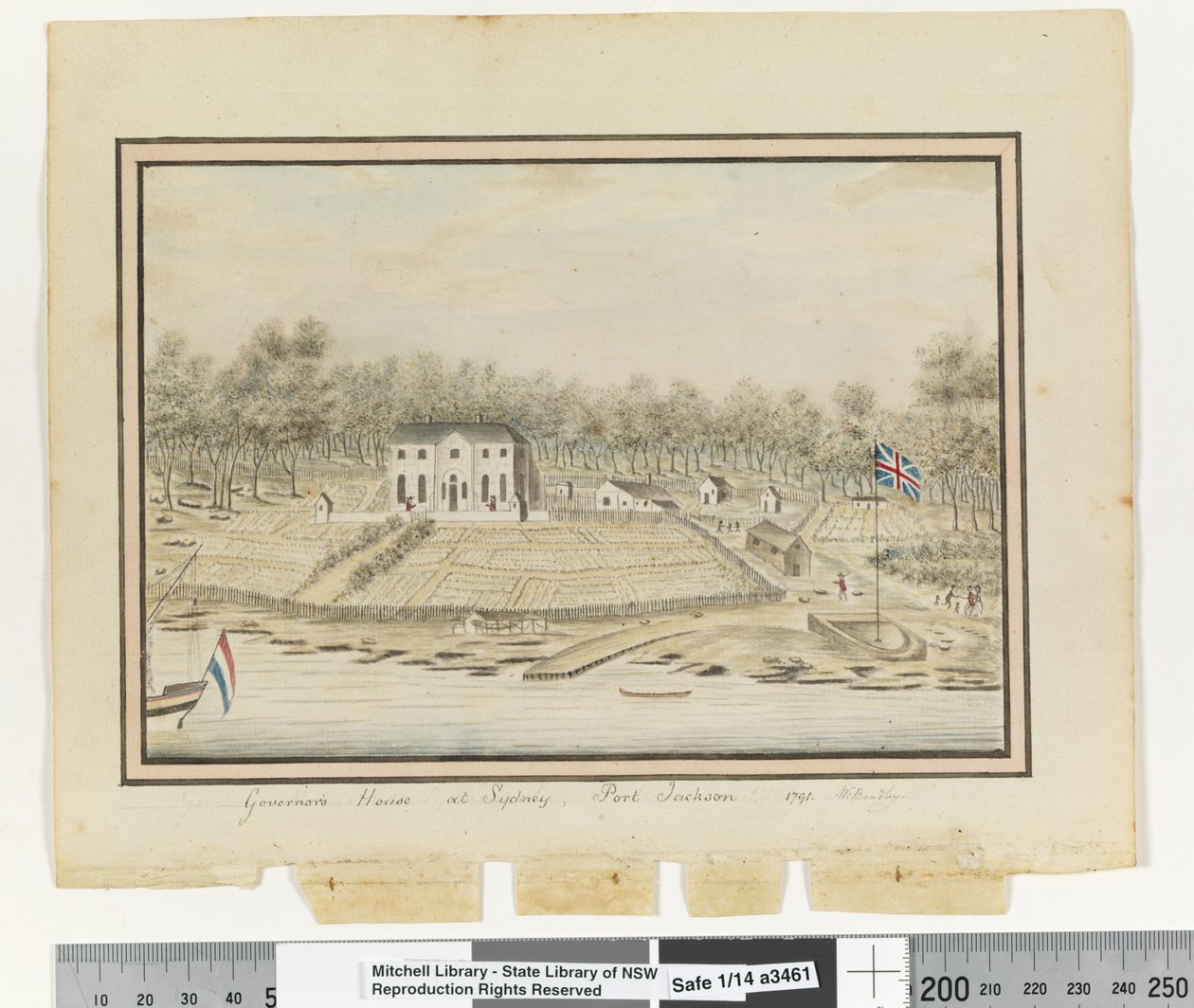 विपक्ष। पी। 225. सिडनी में गवर्नर हाउस, पोर्ट जैक्सन 1791', c.1802 (वाटरकलर) द्वारा विलियम ब्राडली