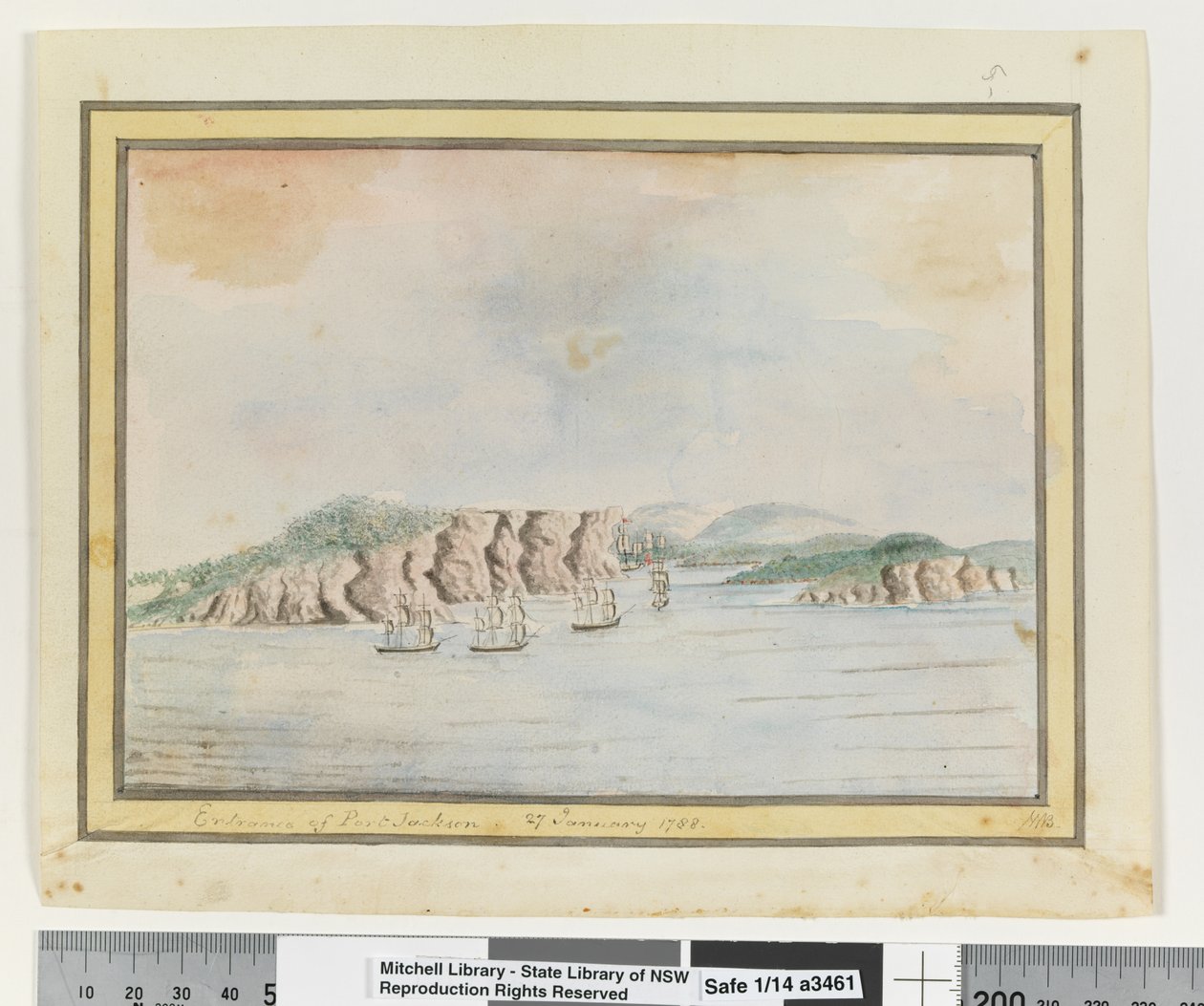 विपक्ष पी 65. 'पोर्ट जैक्सन का प्रवेश 27 जनवरी 1788', c.1802 (जल रंग) द्वारा विलियम ब्राडली