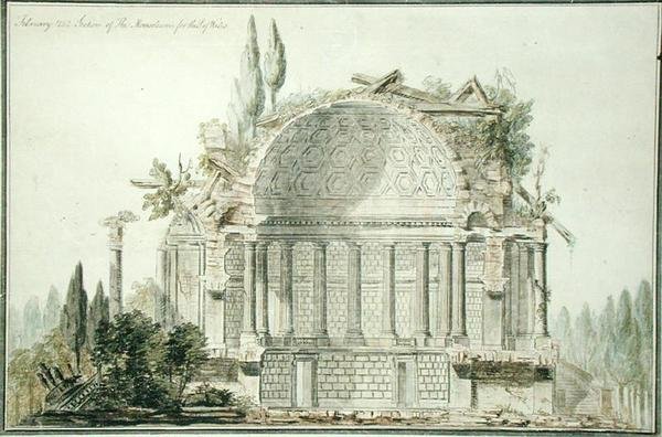 प्रिंस ऑफ वेल्स (1738-1820) 1752 (कागज पर कलम, स्याही और पानी के रंग) के लिए एक बर्बाद मकबरे के लिए डिजाइन द्वारा विलियम चेम्बर्स