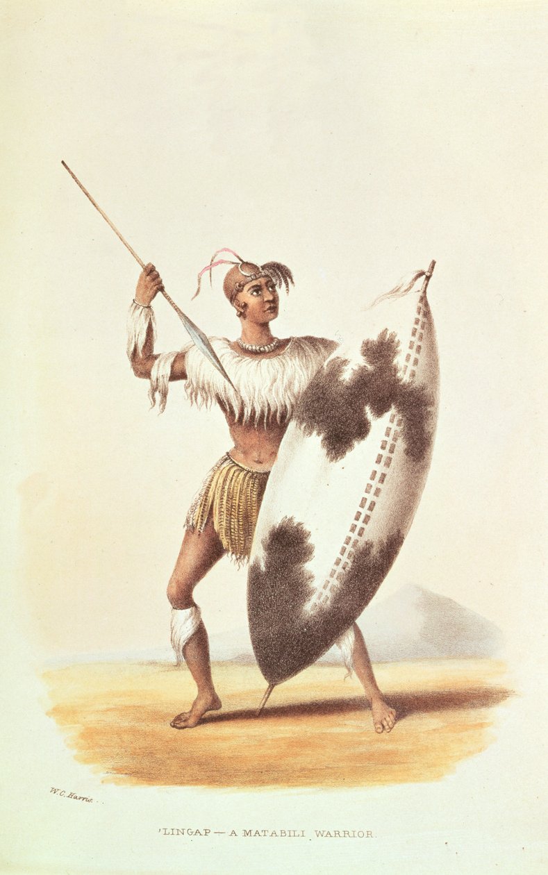 लिंगाप, एक मातबिली योद्धा, डब्ल्यूसी हैरिस द्वारा 1841 में &39;वाइल्ड स्पोर्ट्स ऑफ साउथ अफ्रीका&39; का चित्रण द्वारा विलियम कॉर्नवॉलिस हैरिस