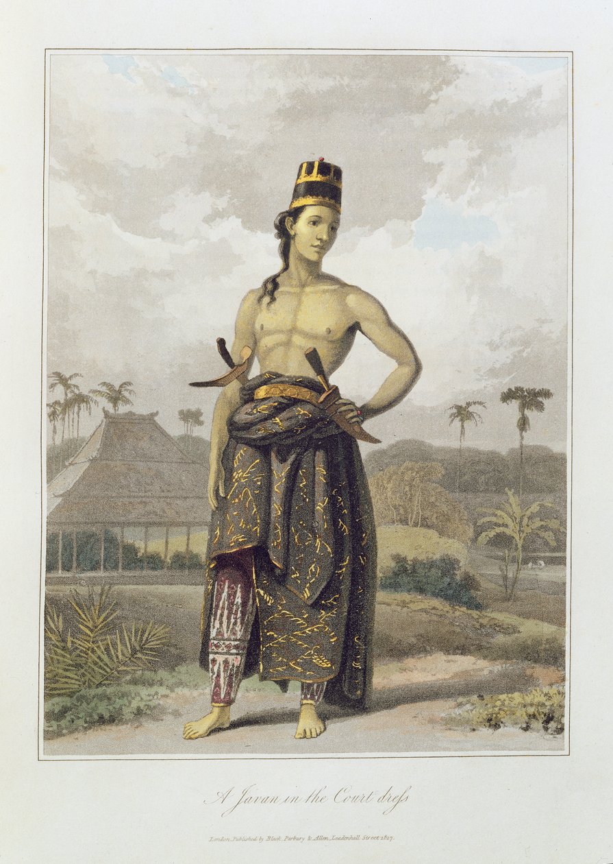 कोर्ट ड्रेस में एक जावा, पी एल। थॉमस स्टैमफोर्ड बिंगले रैफल्स (1781-1826) पब द्वारा &39;द हिस्ट्री ऑफ जावा&39; के वॉल्यूम I से 6। 1817 (रंगीन एक्वाटिंट) द्वारा विलियम डेनियल