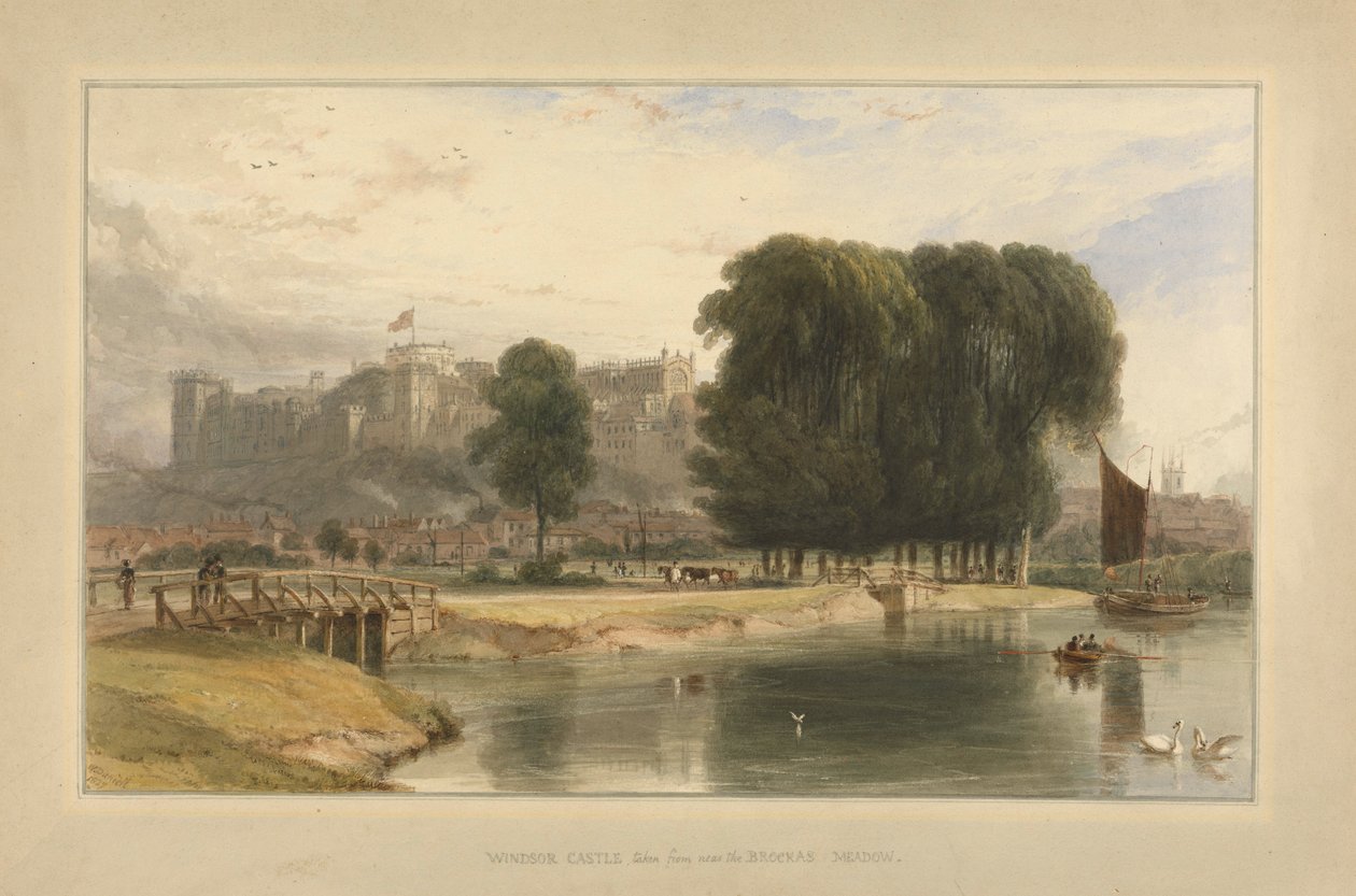 ब्रोकास मीडोज, 1827 के पास विंडसर कैसल, (माउंट पर रखे कागज पर पेन और पेन और स्याही) द्वारा विलियम डेनियल