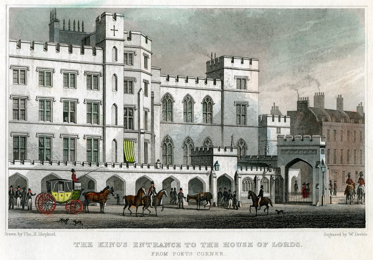 किंग्स का प्रवेश द्वार हाउस ऑफ लॉर्ड्स, पैलेस ऑफ वेस्टमिंस्टर, लंदन, 1829। द्वारा विलियम डीबल