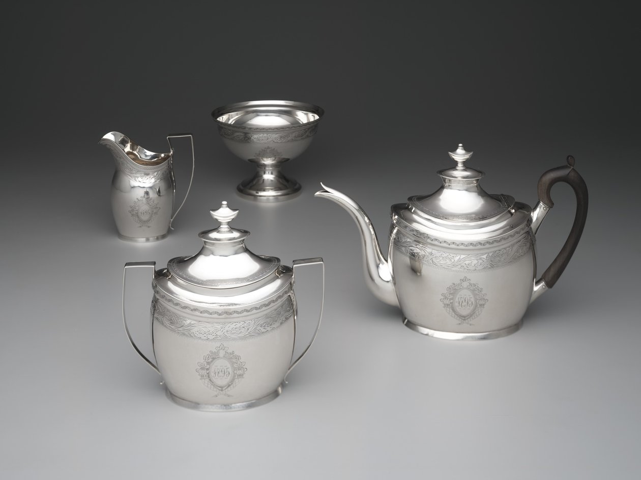 चायदानी, क्रीमर, अपशिष्ट कटोरा और चीनी का कटोरा, c.1795 (चांदी और दृढ़ लकड़ी) द्वारा विलियम गैरेट फोर्ब्स