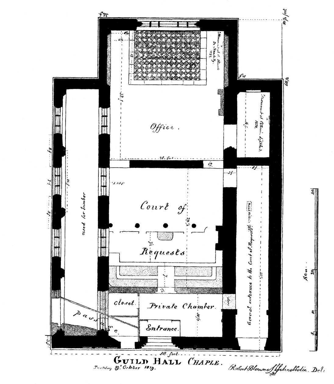 गिल्डहॉल चैपल, किंग स्ट्रीट, चेपसाइड, लंदन, 1819 1886 की एक योजना। द्वारा विलियम ग्रिग्स