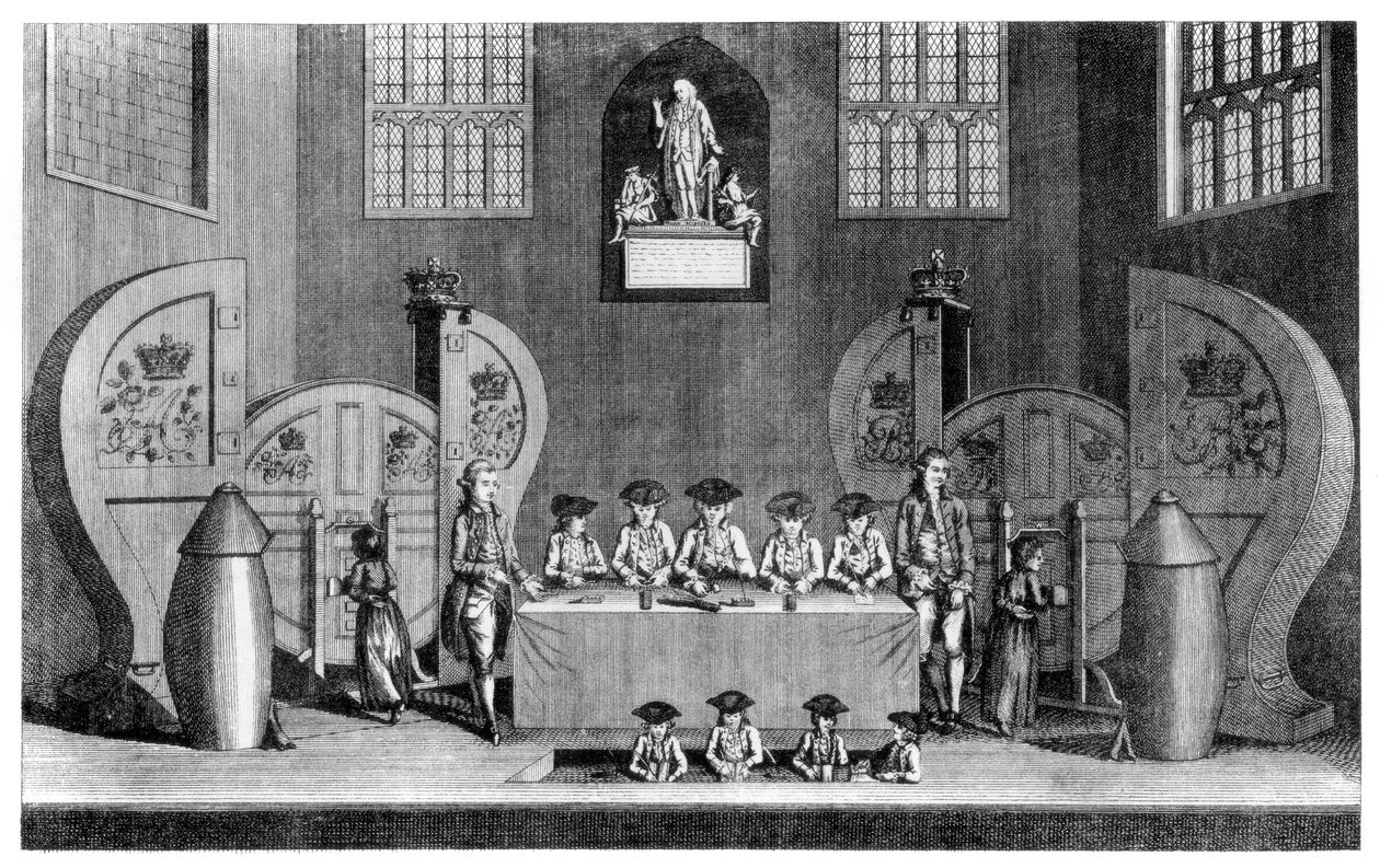 1763 1886 में लंदन के सिटी गिल्डहॉल में राज्य लॉटरी का चित्रण। द्वारा विलियम ग्रिग्स