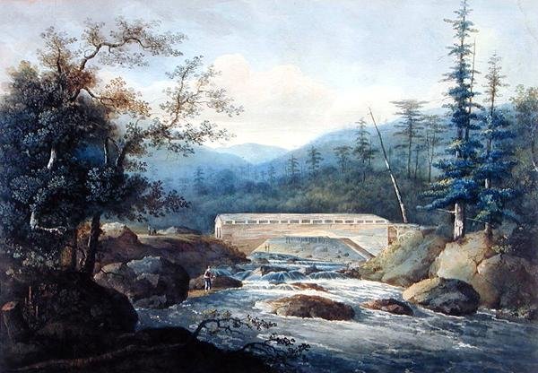 सैकंडागा नदी के पार ढका हुआ पुल, हैडली, एनवाई, c.1820 (कागज पर ग्रेफाइट और वॉटरकलर) द्वारा विलियम गाय की दीवार