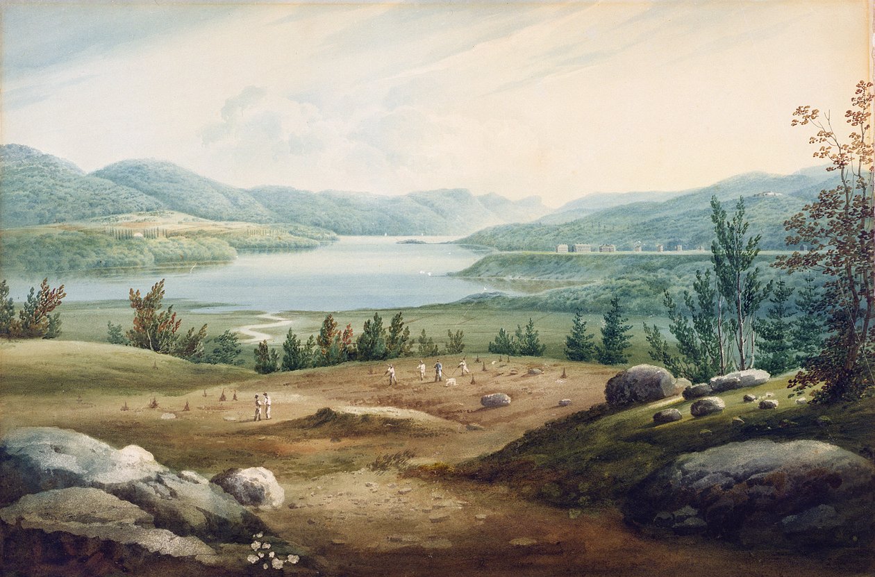 हडसन रिवर वेस्ट पॉइंट, न्यूयॉर्क, 1820 (कार्डबोर्ड पर लगे कागज पर wc) द्वारा विलियम गाय की दीवार