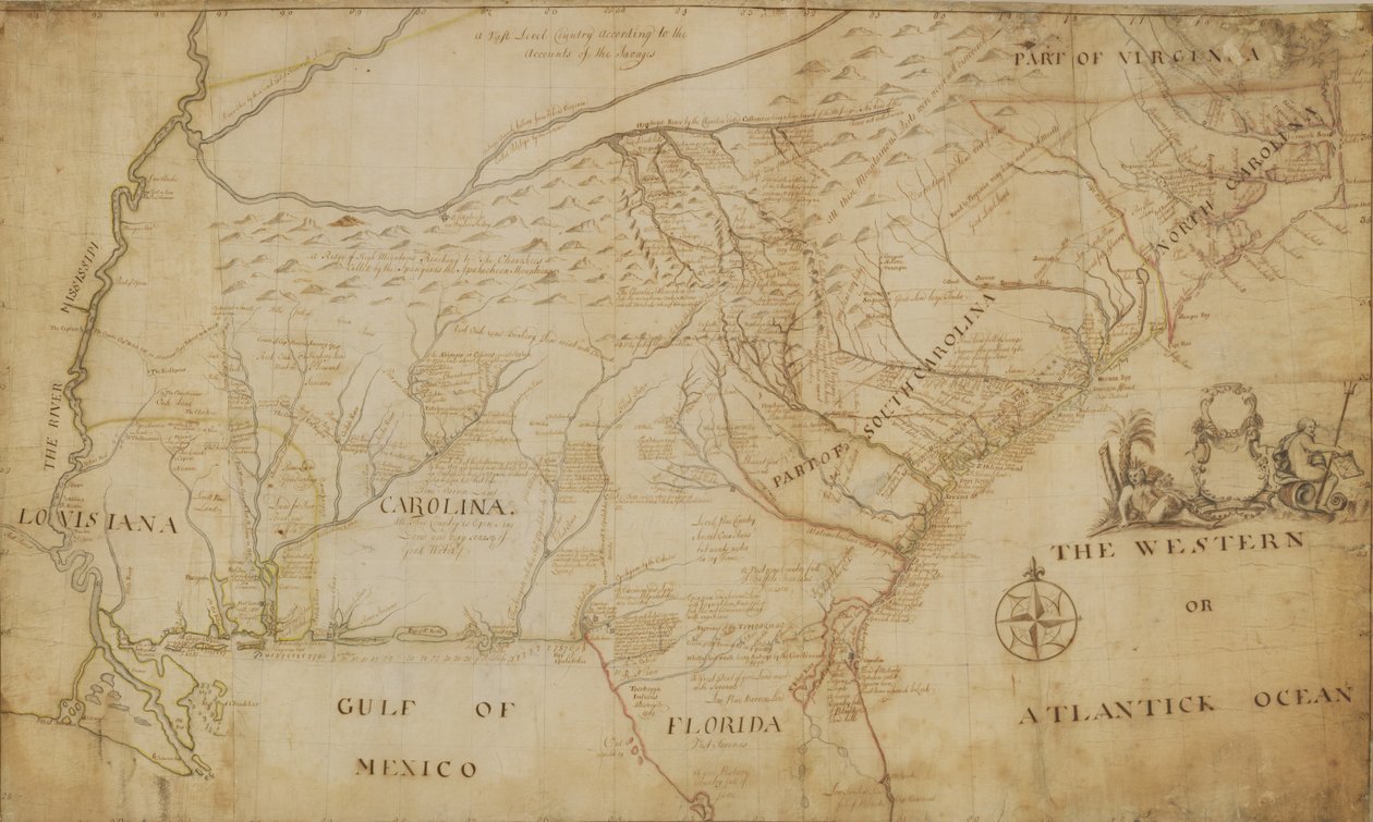 उत्तरी अमेरिका के दक्षिण-पूर्वी भाग का नक्शा, 1721 (कलम और स्याही और कागज पर धोना) द्वारा विलियम हैमरटन