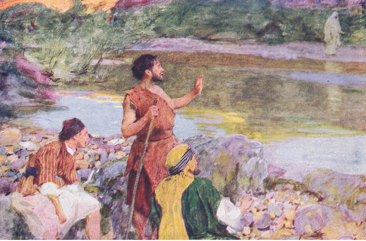 यूहन्ना ने यीशु को देखते हुए कहा कि, परमेश्वर की मेम्ना को निहारना, होल्डर एंड स्टॉटन द्वारा प्रकाशित बाइबिल स्टोरी से, c.1930 द्वारा विलियम हैथेरेल्ल
