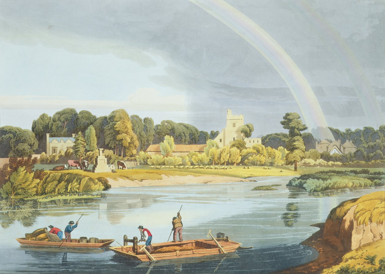 नदी के तट पर सिटी स्टोन के साथ स्टेंस चर्च, रॉबर्ट हैवेल द यंगर (1793-1878) द्वारा उत्कीर्ण 1818 (एक्वाटिंट) द्वारा विलियम हैवेल