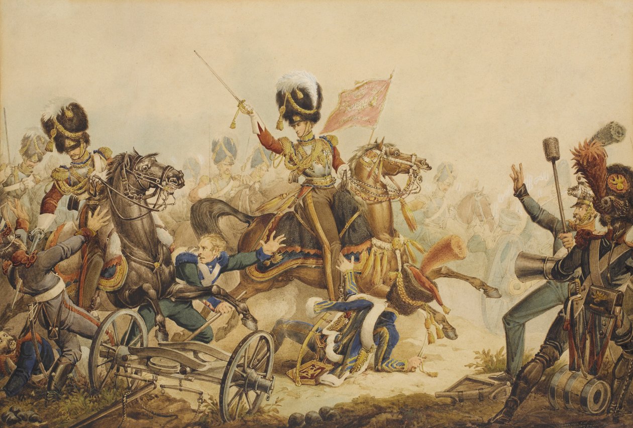 1815, 1820 में वाटरलू की लड़ाई में फ्रेंच आर्टिलरी को चार्ज करने वाले प्रथम जीवन रक्षक द्वारा विलियम हीथ