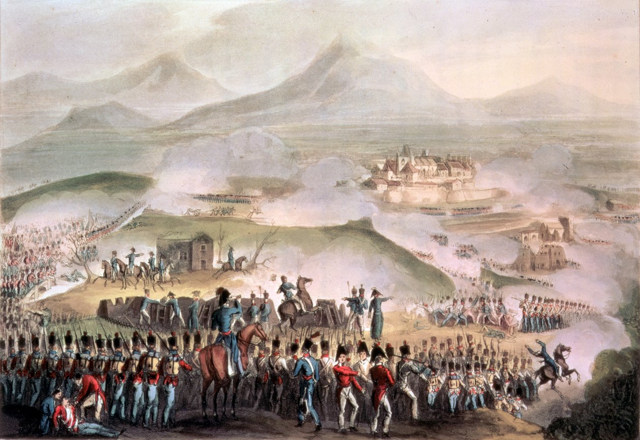 टूलूज़ की लड़ाई, अप्रैल 10, 1814, थॉमस सदरलैंड (bc1785) (जलीय) द्वारा उत्कीर्ण द्वारा विलियम हीथ