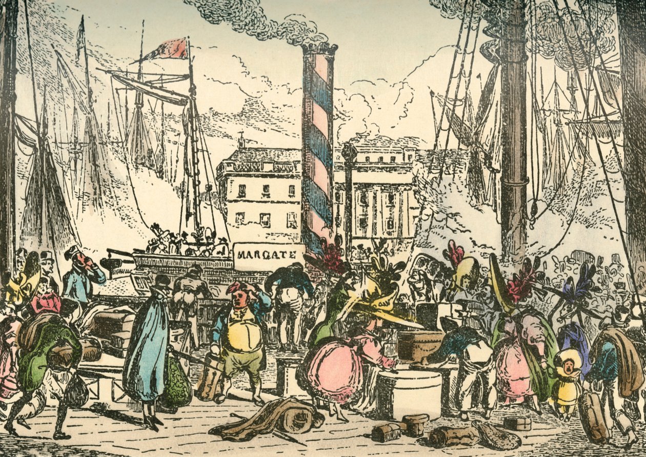 1838 में लंदन ब्रिजेज घाट पर Margate स्टीम पैकेट पर चढ़ना द्वारा विलियम हीथ