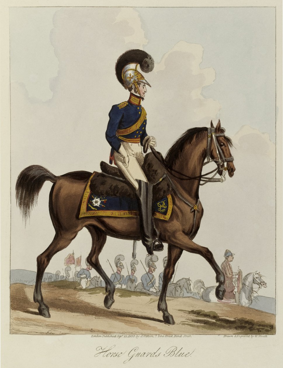हॉर्स गार्ड्स ब्लू, हॉर्स गार्ड्स की शाही रेजिमेंट का एकरूप अध्ययन, 1820 (रंगीन एक्वाटिंट) द्वारा विलियम हीथ