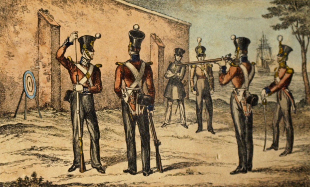 गोल लक्ष्य अभ्यास में मरीन की वर्तमान वेशभूषा, c.1835 (हाथ से रंग की नक़्क़ाशी) द्वारा विलियम हीथ