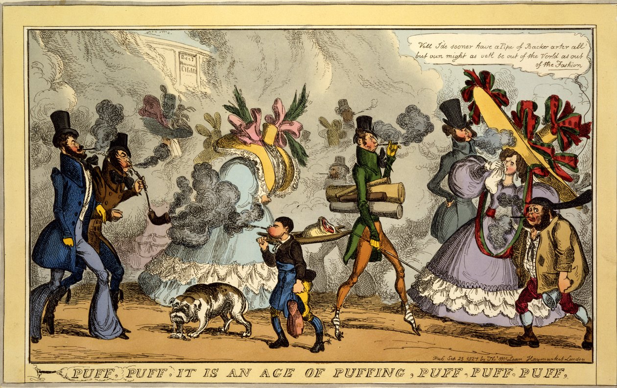 पफ, पफ, यह पफिंग, पफ, पफ, पफ, पब की उम्र है। Thos। मैकलीन, लंदन, 1827 (हाथ से रंगा हुआ उत्कीर्णन) द्वारा विलियम हीथ