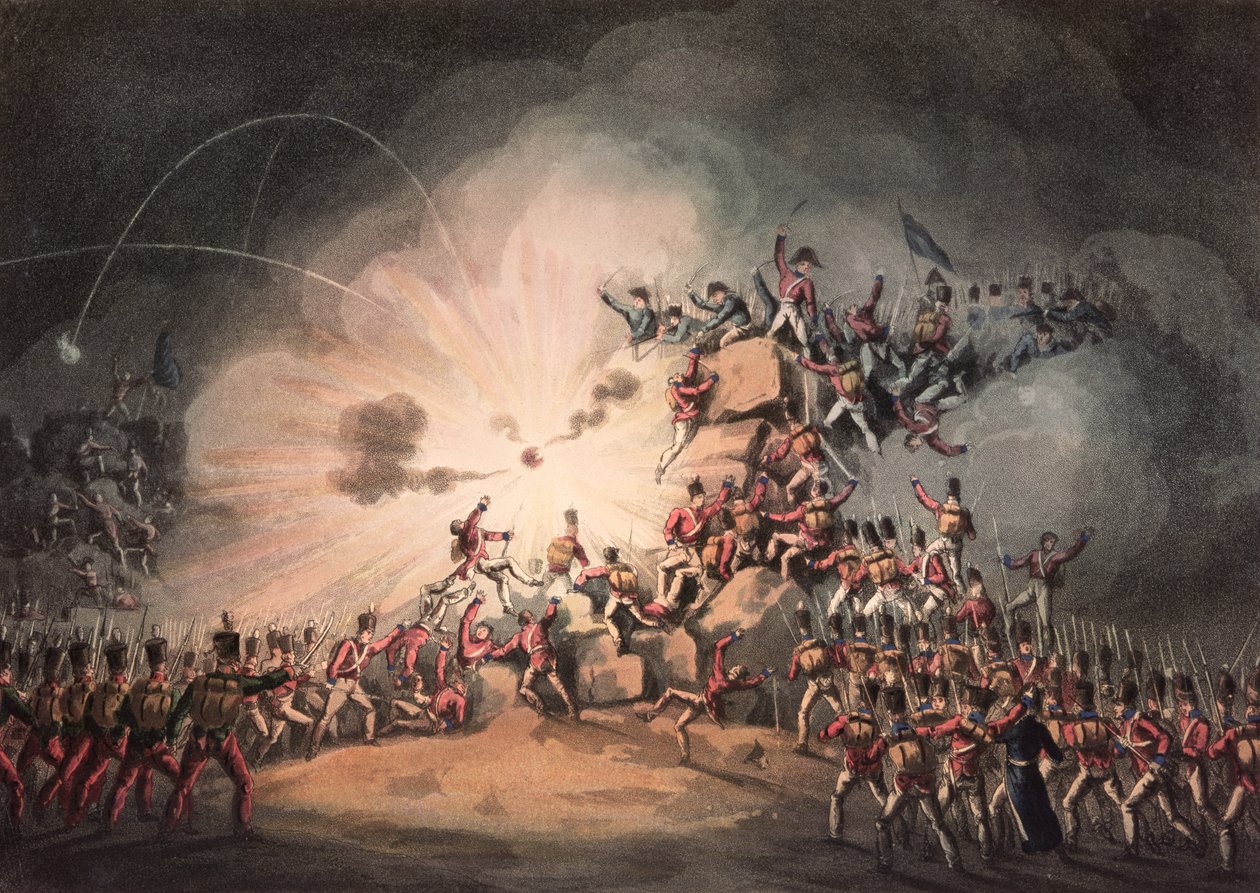 स्यूदाद रोड्रिगो का स्टॉर्मिंग, 19 जनवरी, 1813 को थॉमस सदरलैंड (bc1785) (एक्वाटिंट) द्वारा एक्वाटिंटेड द्वारा विलियम हीथ