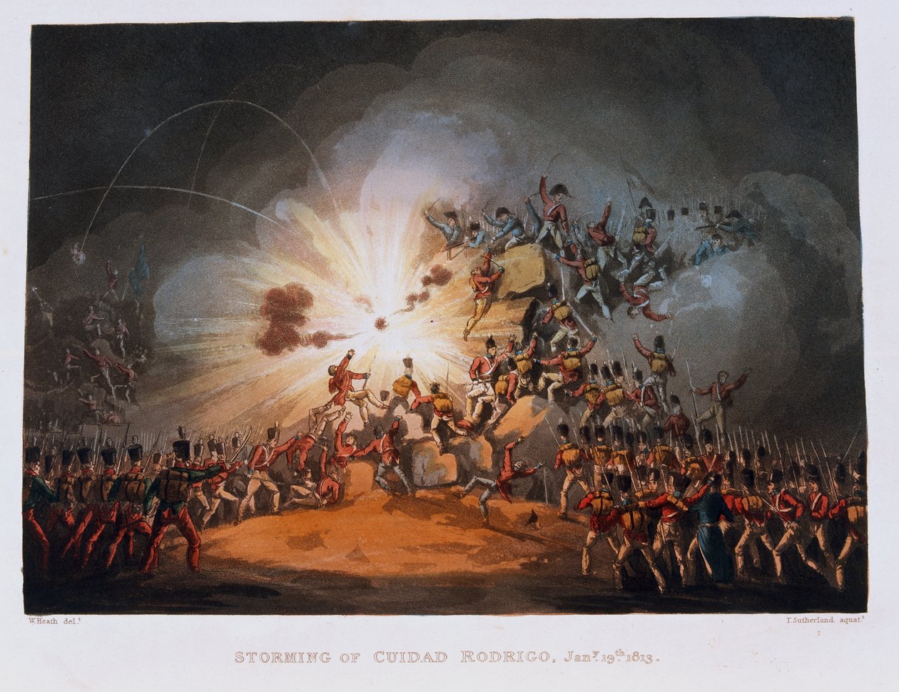 स्यूदाद रोड्रिगो का स्टॉर्मिंग, 19 जनवरी 1813, थॉमस सदरलैंड द्वारा उत्कीर्ण (1785-1838) 1815 में प्रकाशित (रंगीन जलीय) द्वारा विलियम हीथ