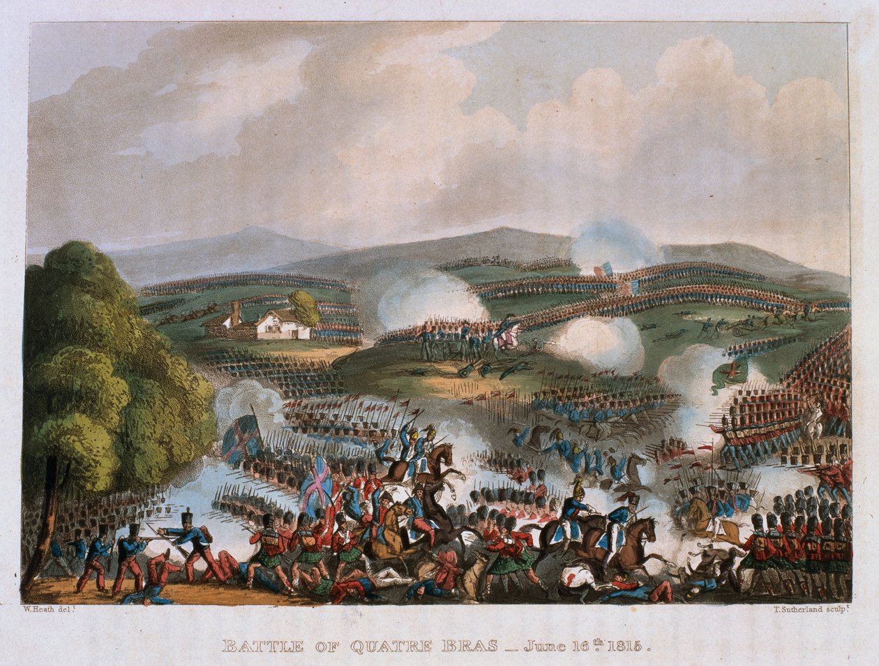 16 जून, 1815 को क्वात्रे ब्रा की लड़ाई, थॉमस सदरलैंड, 1815 (रंगीन जलीय) द्वारा उकेरी गई द्वारा विलियम हीथ