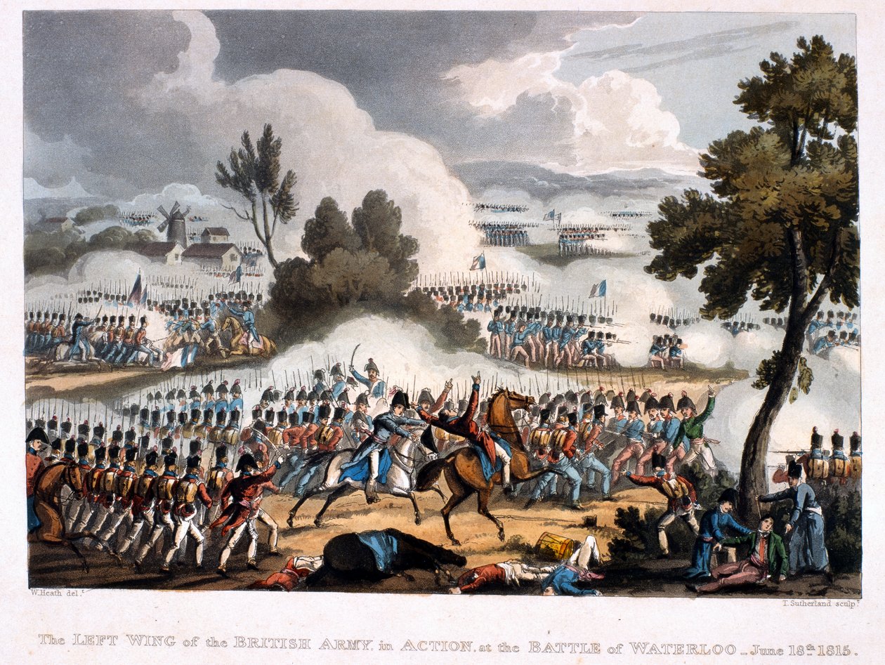 वाटरलू की लड़ाई में ब्रिटिश सेना की वाम विंग, थॉमस सदरलैंड, 1815 (रंगीन जलीय) द्वारा उकेरी गई द्वारा विलियम हीथ