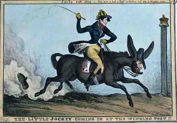 "द लिटिल जॉकी कमिंग इन एट द विनिंग पोस्ट!!!", c.1831 (रंगीन नक़्क़ाशी) द्वारा विलियम हीथ