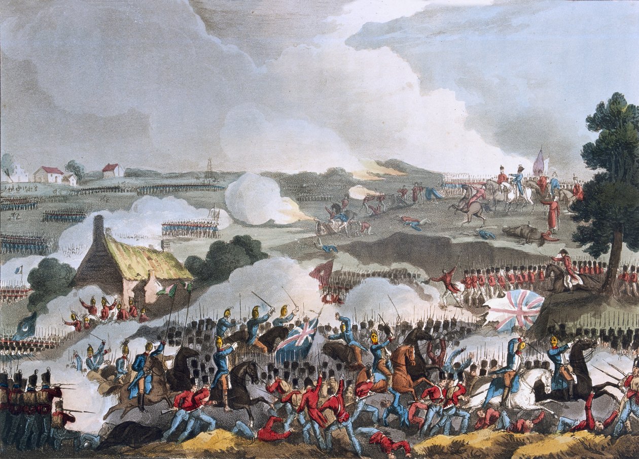 वाटरलू की लड़ाई में ब्रिटिश सेना का केंद्र, 18 जून 1815, सदरलैंड द्वारा एक्वाटिंट, 1815 (रंगीन एक्वाटिंट) द्वारा विलियम हीथ