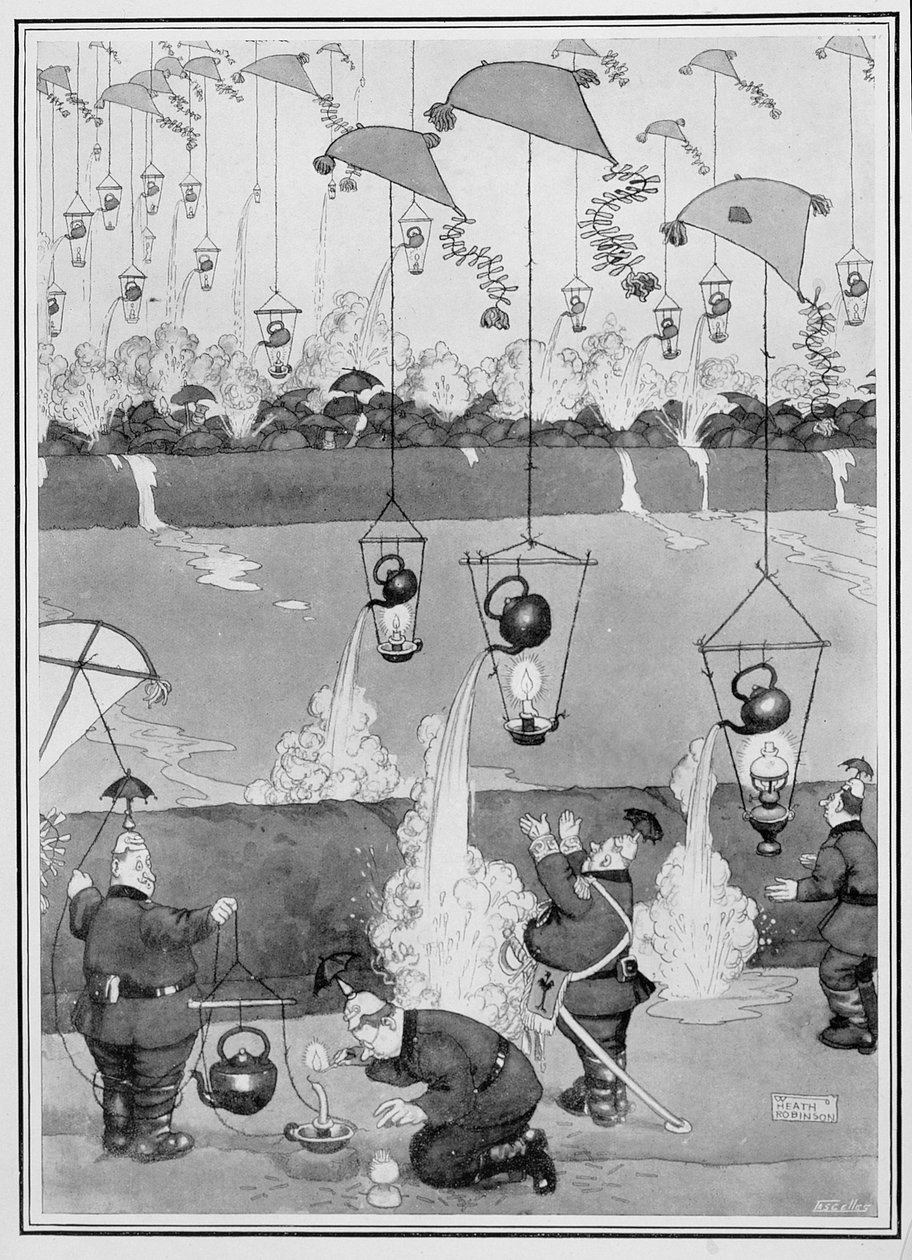 फ्लाइंग केटल अटैक, फ्रॉम सम फ्राइंग वॉर पिक्चर्स, 1915 (प्रिंट) द्वारा विलियम हीथ रॉबिन्सन
