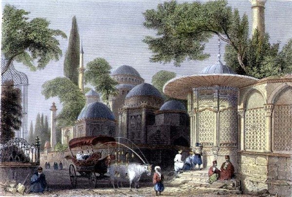 रॉबर्ट्स सैंड्स (1792-1855) द्वारा उकेरी गई चहजादे का फव्वारा और मस्जिद, c.1850 (एक्वाटिंट) द्वारा विलियम हेनरी (बाद) बार्टलेट