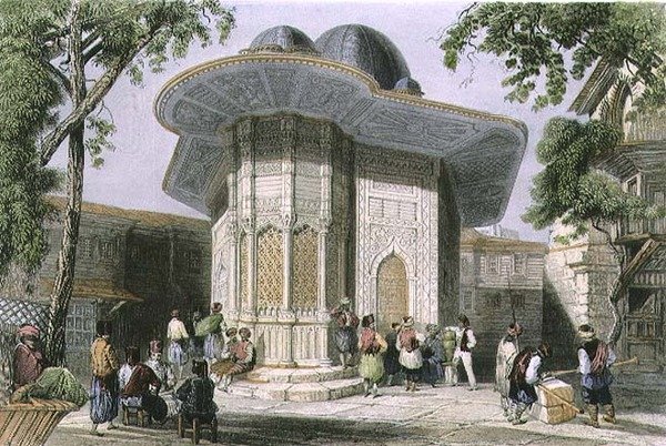 गलता, इस्तांबुल में फाउंटेन, एच. ग्रिफिथ्स द्वारा उकेरा गया, c.1850 (एक्वाटिंट) द्वारा विलियम हेनरी (बाद) बार्टलेट