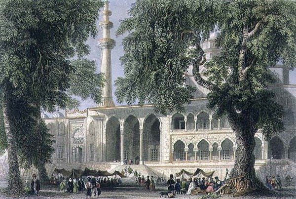 येनी जामी, या सुल्ताना वालिद की मस्जिद, इस्तांबुल, जेसी वराल द्वारा उकेरी गई, c.1850 (एक्वाटिंट) द्वारा विलियम हेनरी (बाद) बार्टलेट
