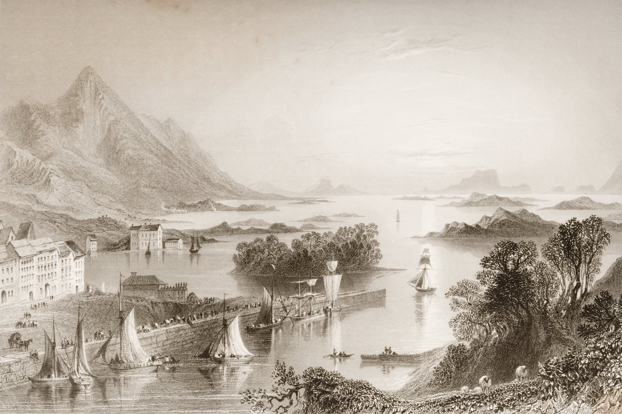 जॉर्ज पुण्य, 1860 के दशक के वेस्टपोर्ट, काउंटी मेयो से क्लीव बे, &39;दृश्य और पुरातनता&39; से देखा गया। द्वारा विलियम हेनरी बार्टलेट