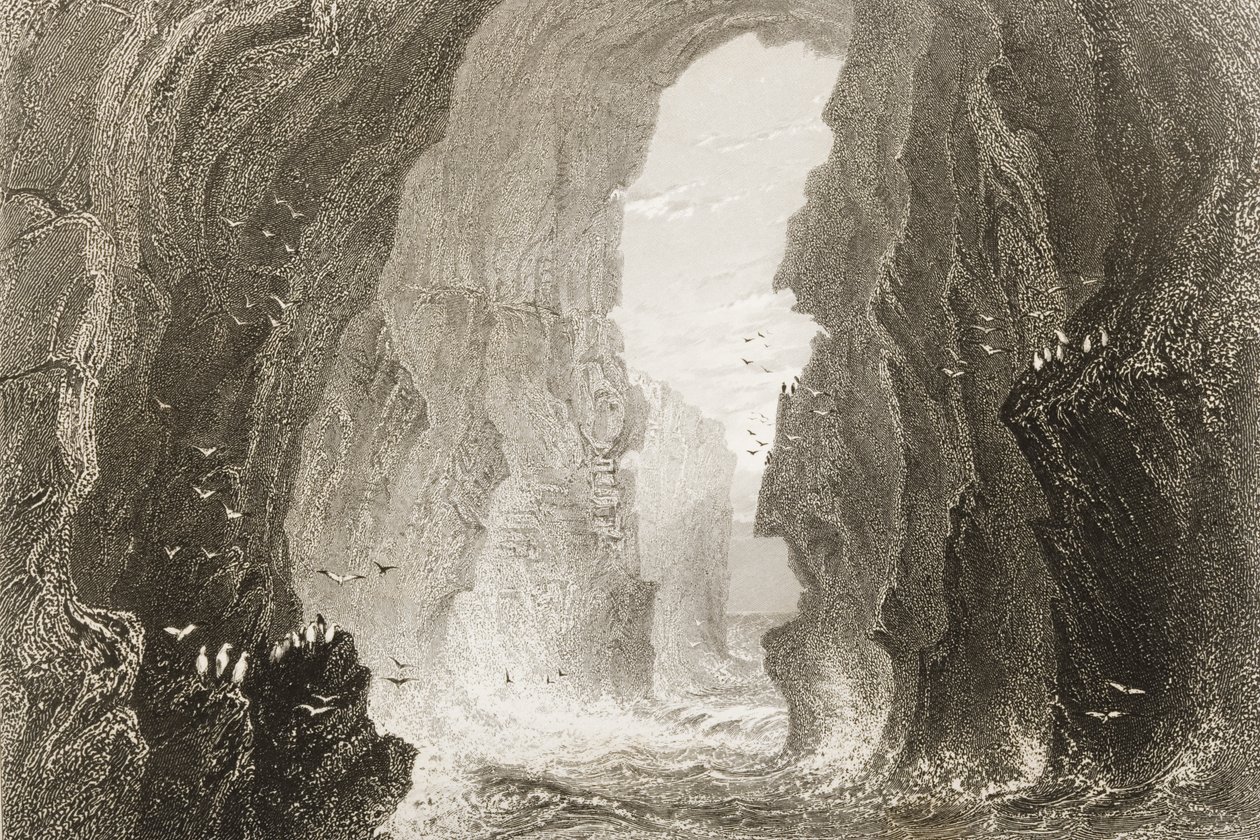 डनकेरी गुफा, काउंटी एण्ट्रिम, उत्तरी आयरलैंड, जॉर्ज पुण्य, 1860 के दशक के &39;दृश्य और प्राचीन वस्तुएँ&39; से। द्वारा विलियम हेनरी बार्टलेट