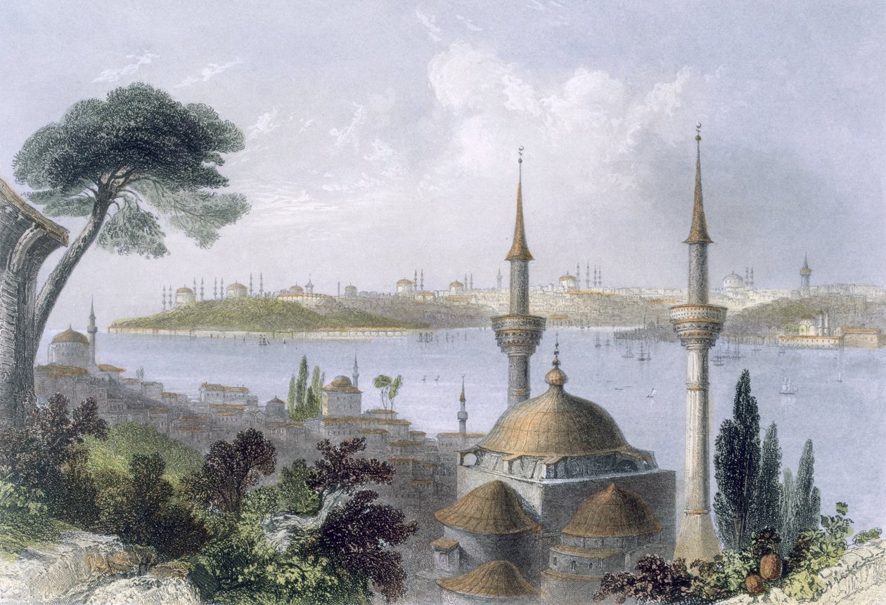 स्कूटरी से कॉन्स्टेंटिनोपल का सामान्य दृश्य, c.1850 (रंगीन एक्वाटिंट) द्वारा विलियम हेनरी बार्टलेट